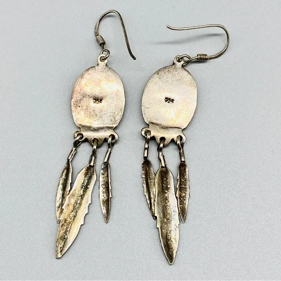 Vintage Sterling Silver Earrings Southwest Style with Shield & Feathers - Picture 6 of 10